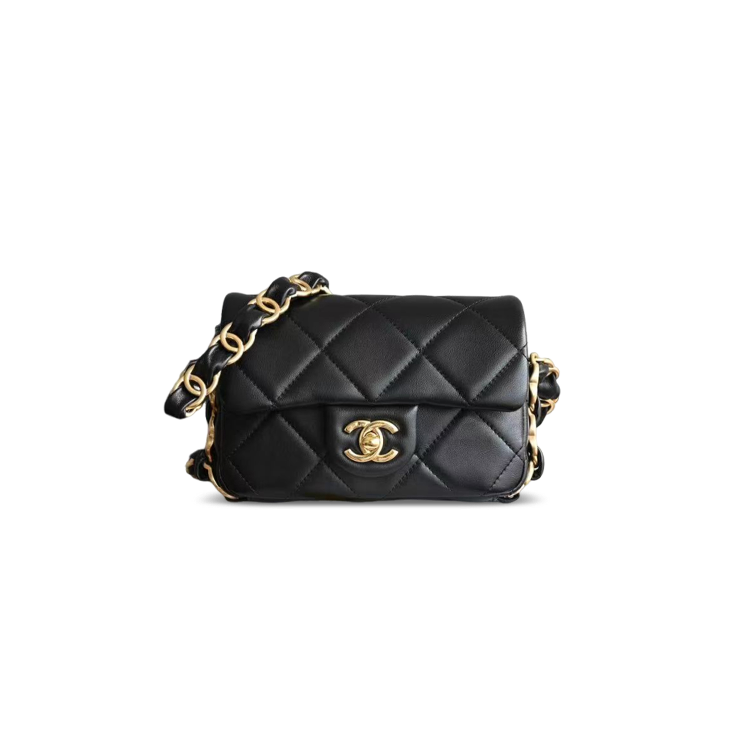 Ch**el 24k flap shoulder bag with chunky chain strap lambskin as5175 (17*11*4cm)